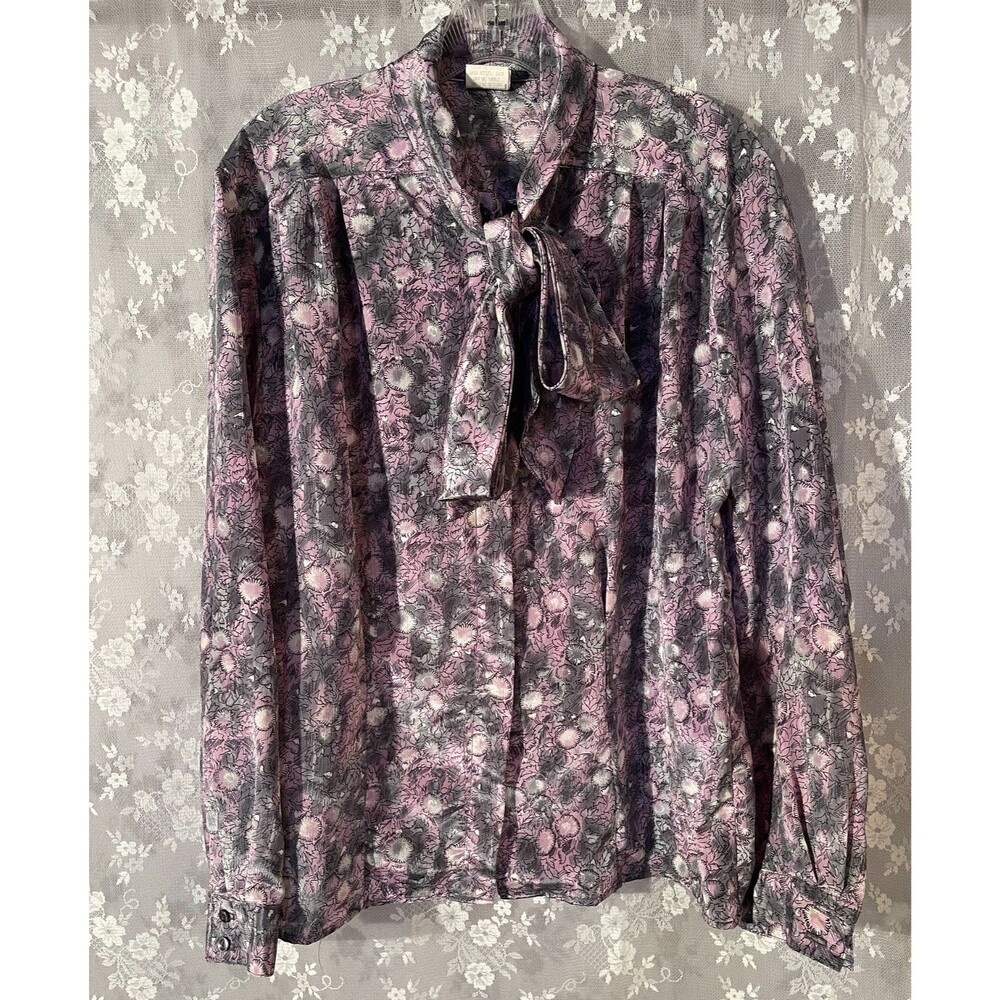 Vintage 80s Floral Purple Gray Blouse Size XL Tie Neck Bow Secretary Shirt